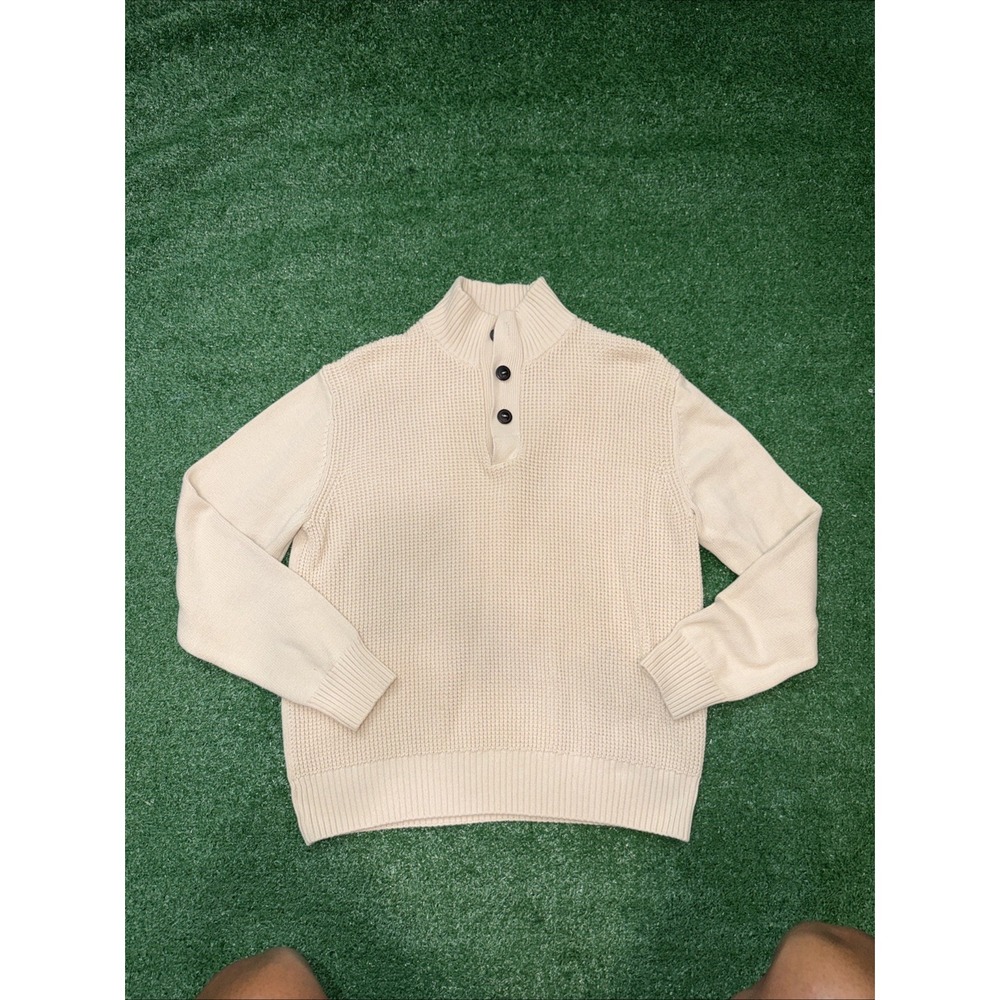 Vintage WEATHERPROOF SWEATER Men's Medium Cream 1/4‎ Button Waffle Long Sleeve